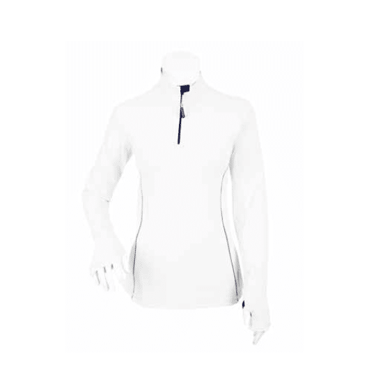 Jersey Dama Blanco UPF50+, Tallas CH, M. G, XL. Es un Jersey con cobertura extra larga en nuca y laterales del cuello. Además, cuenta con una abertura en el dedo pulgar para proteger puño, nudillos y gran parte de los dedos.